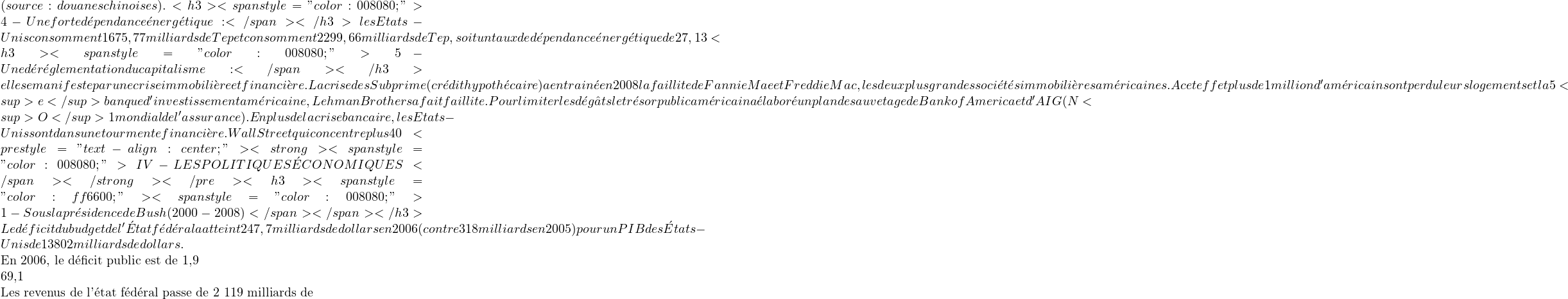(source : douanes chinoises). <h3><span style="color: #008080;">4-Une forte d&eacute;pendance &eacute;nerg&eacute;tique:</span></h3> les Etats-Unis consomment 1675,77 milliards de Tep et consomment 2299,66 milliards de Tep, soit un taux de d&eacute;pendance &eacute;nerg&eacute;tique de 27,13%. Depuis 2006, cette d&eacute;pendance a install&eacute; Le mod&egrave;le &eacute;conomique am&eacute;ricain dans une crise &eacute;nerg&eacute;tique dont les principales cons&eacute;quences sont la mont&eacute;e de l'inflation, la baisse de la consommation et le creusement du d&eacute;ficit commercial (736 milliards de dollars en 2009) <h3><span style="color: #008080;"> 5-Une d&eacute;r&eacute;glementation du capitalisme :</span></h3> elle se manifeste par une crise immobili&egrave;re et financi&egrave;re. La crise des &laquo; Subprime &raquo; (cr&eacute;dit hypoth&eacute;caire) a entrain&eacute; en 2008 la faillite de Fannie Mae et Freddie Mac, les deux plus grandes soci&eacute;t&eacute;s immobili&egrave;res am&eacute;ricaines. A cet effet plus de1million d'am&eacute;ricains ont perdu leurs logements et la 5<sup>e </sup>banque d'investissement am&eacute;ricaine, Lehman Brothers a fait faillite. Pour limiter les d&eacute;g&acirc;ts le tr&eacute;sor public am&eacute;ricain a &eacute;labor&eacute; un plan de sauvetage de Bank of America et d'AIG (N<sup>O </sup>1 mondial de l'assurance). En plus de la crise bancaire, les Etats-Unis sont dans une tourmente financi&egrave;re. Wall Street qui concentre plus 40% de la capitalisation boursi&egrave;re mondiale est fortement affect&eacute; par la crise. Entre janvier 2008 et d&eacute;cembre 2009, l'indice Dow Jones Industrial Average o&ugrave; sont c&ocirc;t&eacute;s les trente plus grandes entreprises a perdu des actifs estim&eacute;s &agrave; 10 000 milliards dollars. <pre style="text-align: center;"><strong><span style="color: #008080;">IV-LES POLITIQUES &Eacute;CONOMIQUES</span></strong></pre> <h3><span style="color: #ff6600;"><span style="color: #008080;">1-Sous la pr&eacute;sidence de Bush (2000-2008)</span> </span></h3> Le d&eacute;ficit du budget de l'&Eacute;tat f&eacute;d&eacute;ral a atteint 247,7 milliards de dollars en 2006 (contre 318 milliards en 2005) pour un PIB des &Eacute;tats-Unis de 13 802 milliards de dollars.  En 2006, le d&eacute;ficit public est de 1,9 % du PIB contre 4,8 % en  tandis que l'on annon&ccedil;ait un solde exc&eacute;dentaire de 44,5 milliards en d&eacute;cembre 2006 du budget f&eacute;d&eacute;ral. La dette des administrations publiques en 2006 repr&eacute;sentent 61,5 % du PIB (En comparaison la Zone euro affiche un prorata  69,1 %)  Les revenus de l'&eacute;tat f&eacute;d&eacute;ral passe de 2 119 milliards de